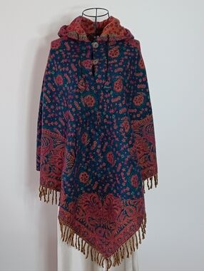 Handmade 100% Wool Ponco From Nepal- Boho Paisley Hooded Wrap- OS